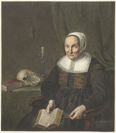 Portræt af en siddende gammel kvinde med en åben bog af Johannes Pieter de Frey