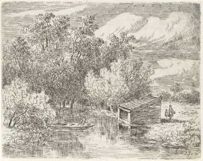 Bådehus ved en flod af Johannes Pieter van Wisselingh