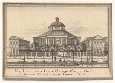 Udsigt over den nye hollandske kirke i Batavia Udsigten fra Groote Hollandse Kerk til Batavia Te Sien fra den anden side af Groote Revier (titel på objekt) af Johannes Rach