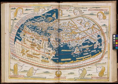 Den første udgave af Ptolemaios trykt i Tyskland, og den første med træsnitskort. Original indbinding. af Johannes Schnitzer