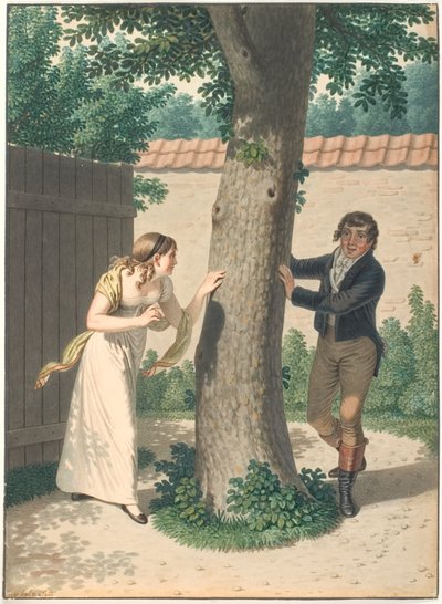 Ung mand og pige leger skjul af Johannes Senn