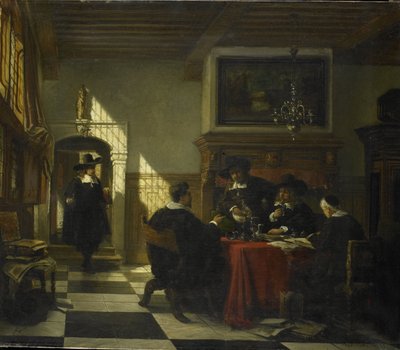 Selskab i 1600-tals kostume ved et bord, hvorpå en Nautilus kop af Johannes Stroebel