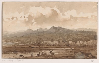 Bjerglandskab med hjorte af Johannes Tavenraat (signed by artist)