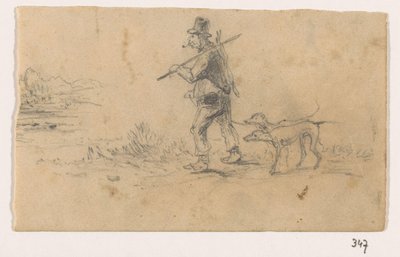 Jæger med hunde og en hare på ryggen af Johannes Tavenraat (signed by artist)