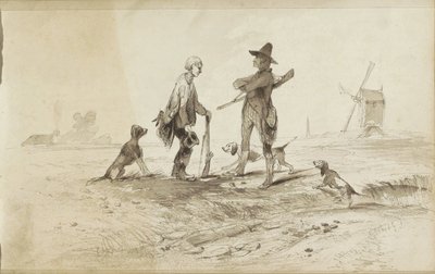Jægere med hunde i et landskab med en vindmølle af Johannes Tavenraat