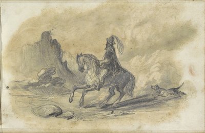 Rytter med en hund på en stenet sti af Johannes Tavenraat