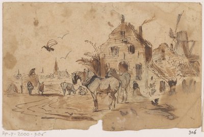Spændte heste foran et hus af Johannes Tavenraat