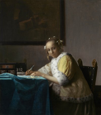 Eine Dame schreibt af Johannes Vermeer
