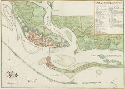 Akvarelkort over byen Recife (Brasilien) i det 17. århundrede af Johannes Vingboons