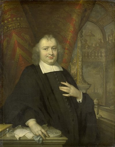 Portræt af Gaspar Fagel, storpensionær i Holland efter 1672 i baggrunden ses Hollands staters mødesal på Binnenhof i Haag af Johannes Vollevens (I) (copy after)
