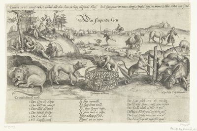 Den sovende løve, 1567 The Sleeping Lion (titel på objekt) Fire allegorier af begivenhederne mellem 1576-1579 i Holland (serietitel) af Johannes Wierix (attributed to)