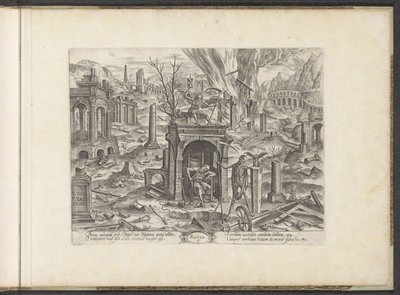 Alder fra 80 år til døden; ruinen 5. Ruyne (titel på objekt) Six Ages of Man / Six Building Orders (serietitel) Teater Vitæ Humanæ (serietitel) af Johannes Wierix