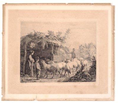 En flok får drives i stald af Johannes Wilhelm Zillen