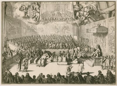 En session i Underhuset med George II på tronen af Johannes and Mortier, Cornelis Covens