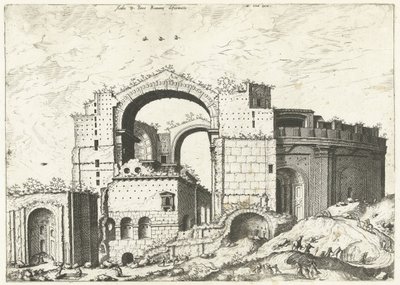 Gezicht op de Sint Pieter i Rom Deformation af Aedis D. Peter Romana (titel på objekt) Romerske ruiner, 1561 (serietitel) af Johannes of Lucas van Doetechum (attributed to)