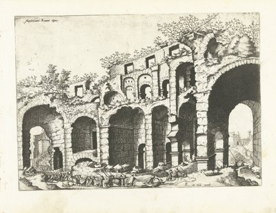 Udsigt over et amfiteater sandsynligvis Colosseum Romerske ruiner, 1561 (serietitel) af Johannes of Lucas van Doetechum (attributed to)