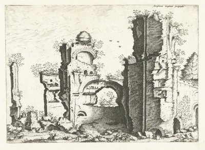 Udsigt over ruiner, muligvis Caracalla-badene Romerske ruiner, 1561 (serietitel) af Johannes of Lucas van Doetechum (attributed to)