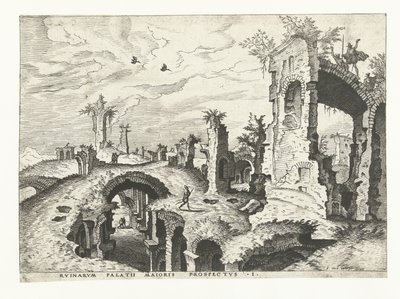 Udsigt over ruiner på Palatinerhøjen i Rom Romerske ruiner, 1561 (serietitel) af Johannes of Lucas van Doetechum (attributed to)