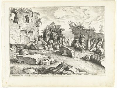 Have med fragmenter af antikke statuer Romerske ruiner, 1561 (serietitel) af Johannes of Lucas van Doetechum (attributed to)