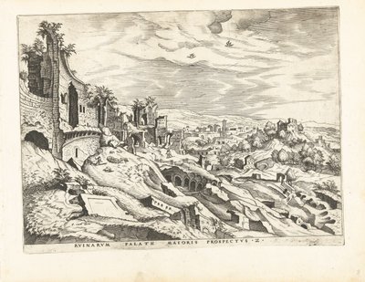 Anden udsigt over Palatinerhøjen i Rom Romerske ruiner, 1561 (serietitel) af Johannes of Lucas van Doetechum (attributed to)