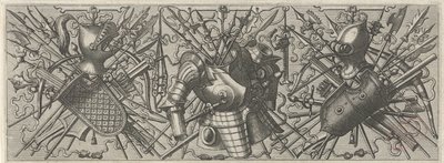 Frise med en hjelm, et skjold og krydsede pindevåben og armbrøster til venstre Panoplia sev armamentarium... (serietitel) af Johannes of Lucas van Doetechum