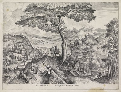 Landskab med hvilende soldater Milites Requiescentes (titel på objekt) Store landskaber (serietitel) af Johannes of Lucas van Doetechum