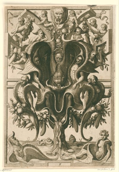 Skallignende ornament, hvori figurer er fængslet. Veelderleij Wisselinghe van grotissen ende Compertimenten (...)Libro Primo (serietitel) af Johannes of Lucas van Doetechum