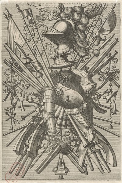 Overfladedekoration, bestående af et våbentrofæ Overfladedekorationer og friser med trofæer (serietitel) af Johannes of Lucas van Doetechum