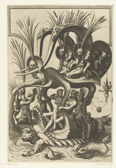 Vandskildpadde bærer en vogn på ryggen Veelderleij Wisselinghe van grotissen ende Compertimenten (...)Libro Primo (serietitel) af Johannes of Lucas van Doetechum
