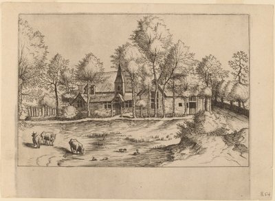 Landsby med kirke af Johannes van Doetechum, the Elder and Lucas