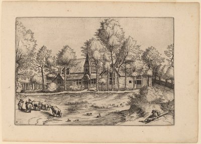 Landsby med kirke af Johannes van Doetechum, the Elder and Lucas