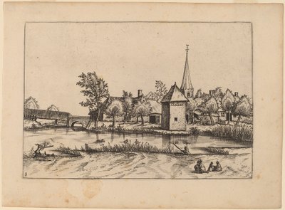 Landsby med kirke og bro af Johannes van Doetechum, the Elder and Lucas