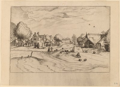 Landsby med får og siddende hyrde af Johannes van Doetechum, the Elder and Lucas