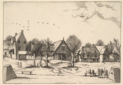 Country Village, bueskytter i forgrunden fra Multifariarum casularum ruriumque linea..., 1559-61. af Johannes van Doetecum I