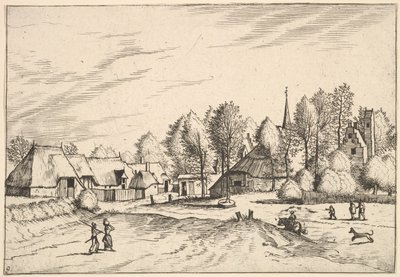 Landsby med kirketårn fra Multifariarum casularum landlige funktioner cur..., 1559-61 af Johannes van Doetecum I