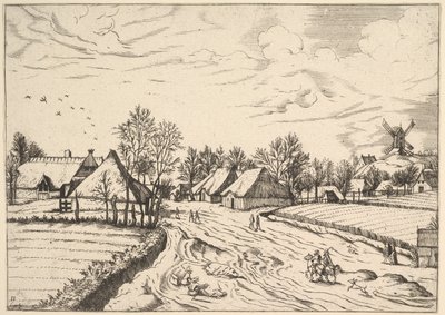 Landsby med postmølle fra Multifariarum casularum curios features..., 1559-61 af Johannes van Doetecum I