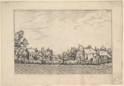 Gårde, pløjet mark i forgrunden fra Praediorum villarum et rusticarum casu..., ca. 1559-61. af Johannes van Doetecum I