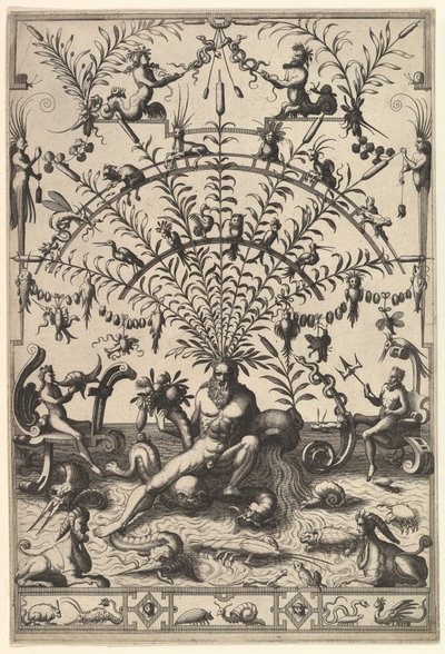 Moderne grotesk dekoration med en flodgud, 1557. af Johannes van Doetecum I