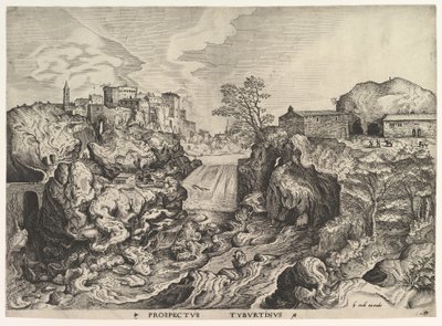 Udsigt over Tiber Tivoli Prospectus Tyburtinus fra De Store Landskaber, ca. 1555-56. af Johannes van Doetecum I