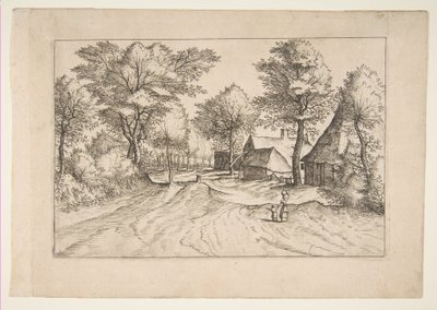 Landsbyvej med en gård og skure, fra serien, De små landskaber Multifariaru..., 1559-61. af Johannes van Doetecum I