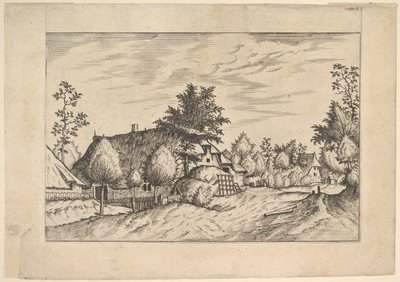 Landsbygade, hø stablet foran en gård fra Praediorum villarum et rusticar..., ca. 1559-61. af Johannes van Doetecum I