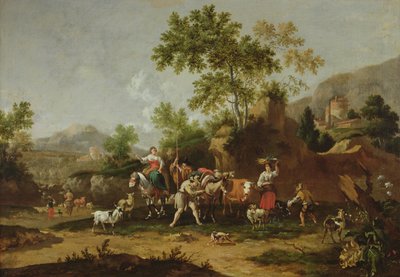 Italiensk landskab med figurer og dyr af Johannes van der Bent