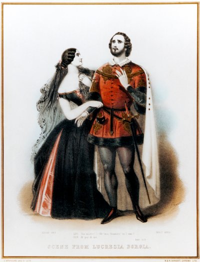Gaetano Donizettis Opera Lucrezia Borgia - Introduktion til Scene II med Mario (italiensk tenor: 1810-1883) og Grisi (1811-1869) i London, HM Theatre Production, 6. juni af John (after) Brandard