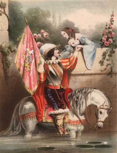 Se over havemuren Kate - soldat på en hvid hest, der møder sin kærlighed (farve litho) af John (after) Brandard