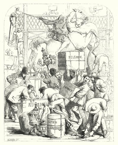 Ankomst af varer, der skal udstilles på den store udstilling i 1851, Crystal Palace, Hyde Park, London (gravering) af John (after) Gilbert