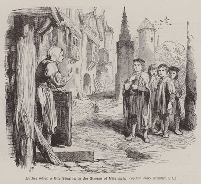 Martin Luther, da en dreng synger i Eisenachs gader (gravering) af John (after) Gilbert