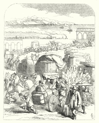 Skibe og tog bringer besøgende til den store udstilling i 1851, Crystal Palace, Hyde Park, London (gravering) af John (after) Gilbert
