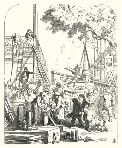 Håndværkere på stedet for Crystal Palace, Hyde Park, London, mødested for den store udstilling i 1851 (gravering) af John (after) Gilbert