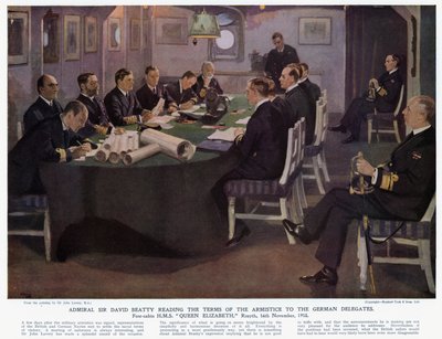 Admiral Sir David Beatty læser vilkårene for våbenhvilen for de tyske delegerede, forkabinen HMS Dronning Elizabeth, Rosyth af John (after) Lavery