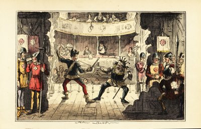 Skuespillere, der spiller Henry Tudor, kæmper mod kong Richard III af England på scenen i et teater af John (after) Leech